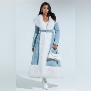 NWT AKIRA Light Blue and White Faux Fur Trench Coat 1X